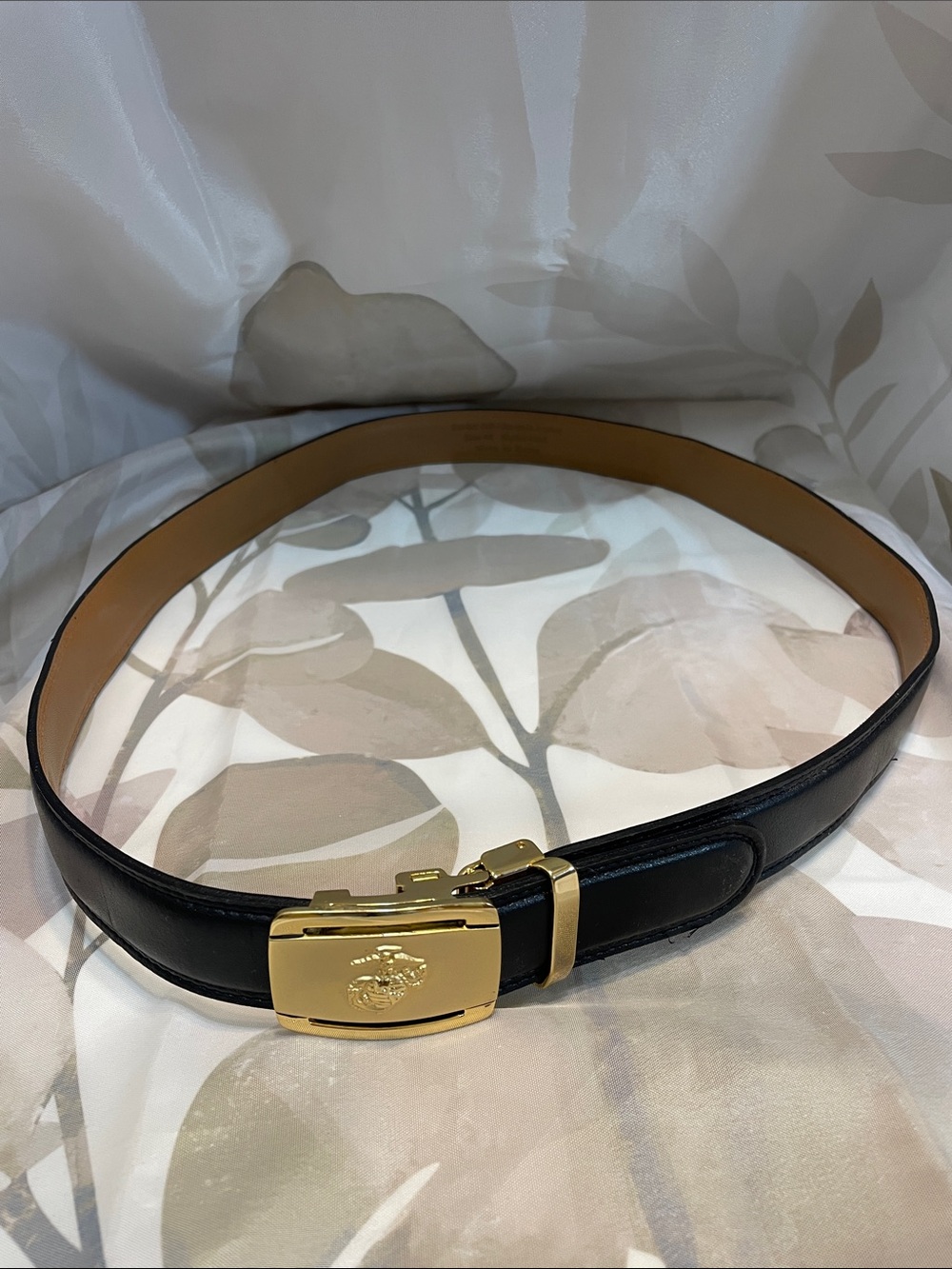 Men's Black Leather Belt with Gold Plaque Buckle
